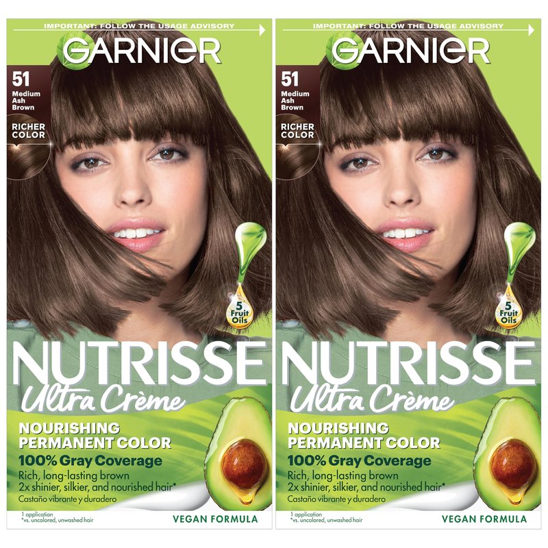 Garnier Nutrisse Ultra Crème Hair Color, Permanent Hair Dye with 100% Gray Coverage, Vegan & Cruelty-Free, 51 Medium Ash Brown (Cool Tea), 2 Count