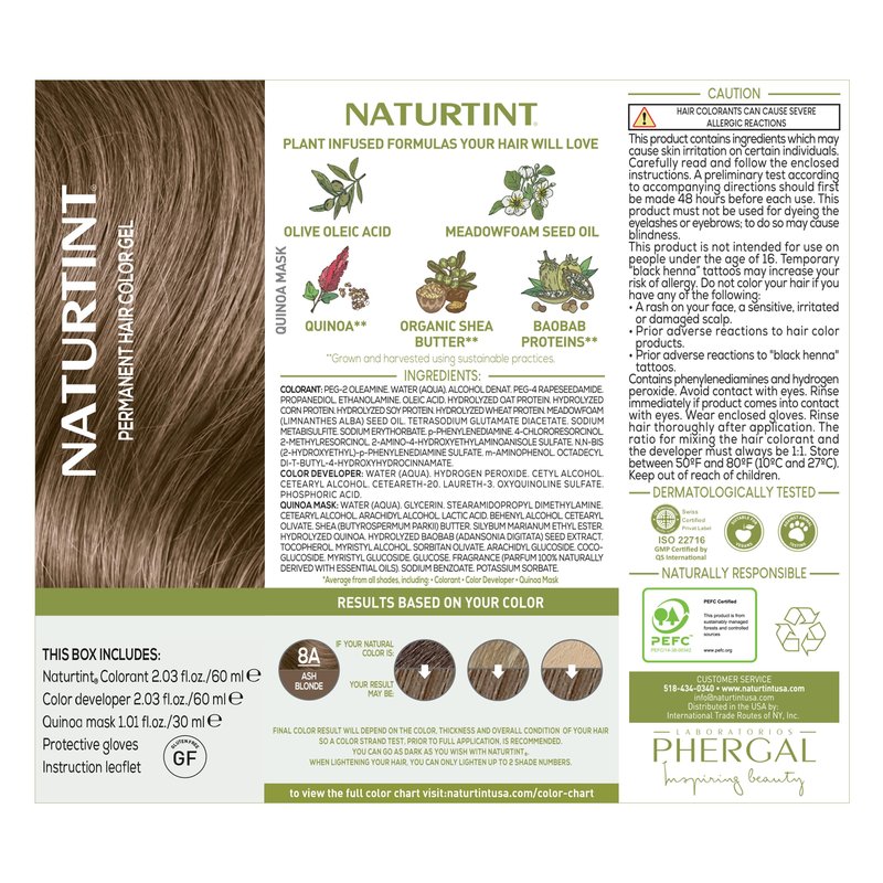 Naturtint 8A Ash Blonde Permanent Hair Color (Pack of 1), Ammonia Free, Vegan, Cruelty Free, up to 100% Gray Coverage, Long Lasting Results (Packaging may vary)