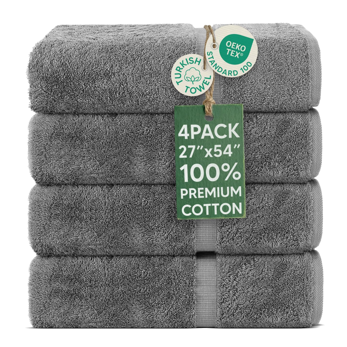 Chakir Turkish Linens 4 Piece Bath Towel Set, 100% Cotton Luxury Turkish Towels for Bathroom, Soft Absorbent Bath Towels, 27 x 54 Inches, Gray