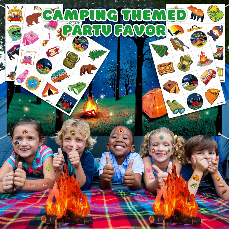 60 PCS Camp Camping Temporary Tattoos for Kids - Perfect for Classroom Rewards, Girls Scout Gifts, Birthday Party Supplies & Favors - Pre-Cut Super Cute Fake Tattoo Stickers (5 Sheets)
