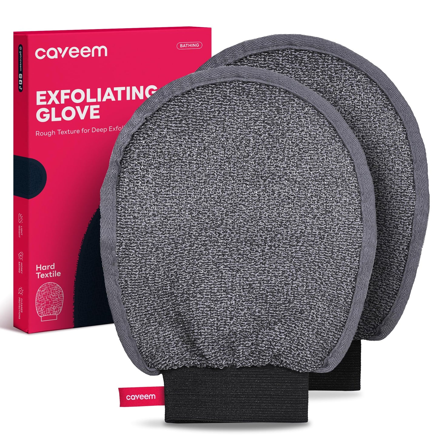 Caveem Exfoliating Mitt, Body Scrubber for Deep Exfoliation, Korean Scrub Mitt, Turkish Body Exfoliator for Remove Dead Skin, Gentle Lightweight Loofah Bath Glove for Shower (2 Pack)