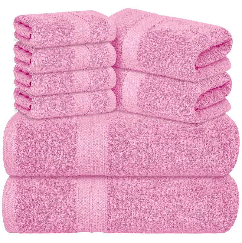 Avalon Towels Luxury 8 Piece Pink Towels Set, 2 Bath Towels, 2 Hand Towels and 4 Washcloths, 600 GSM 100% Ring Spun Cotton Highly Absorbent Pink Bathroom Towels, Ideal for Hotel, Spa and Gym