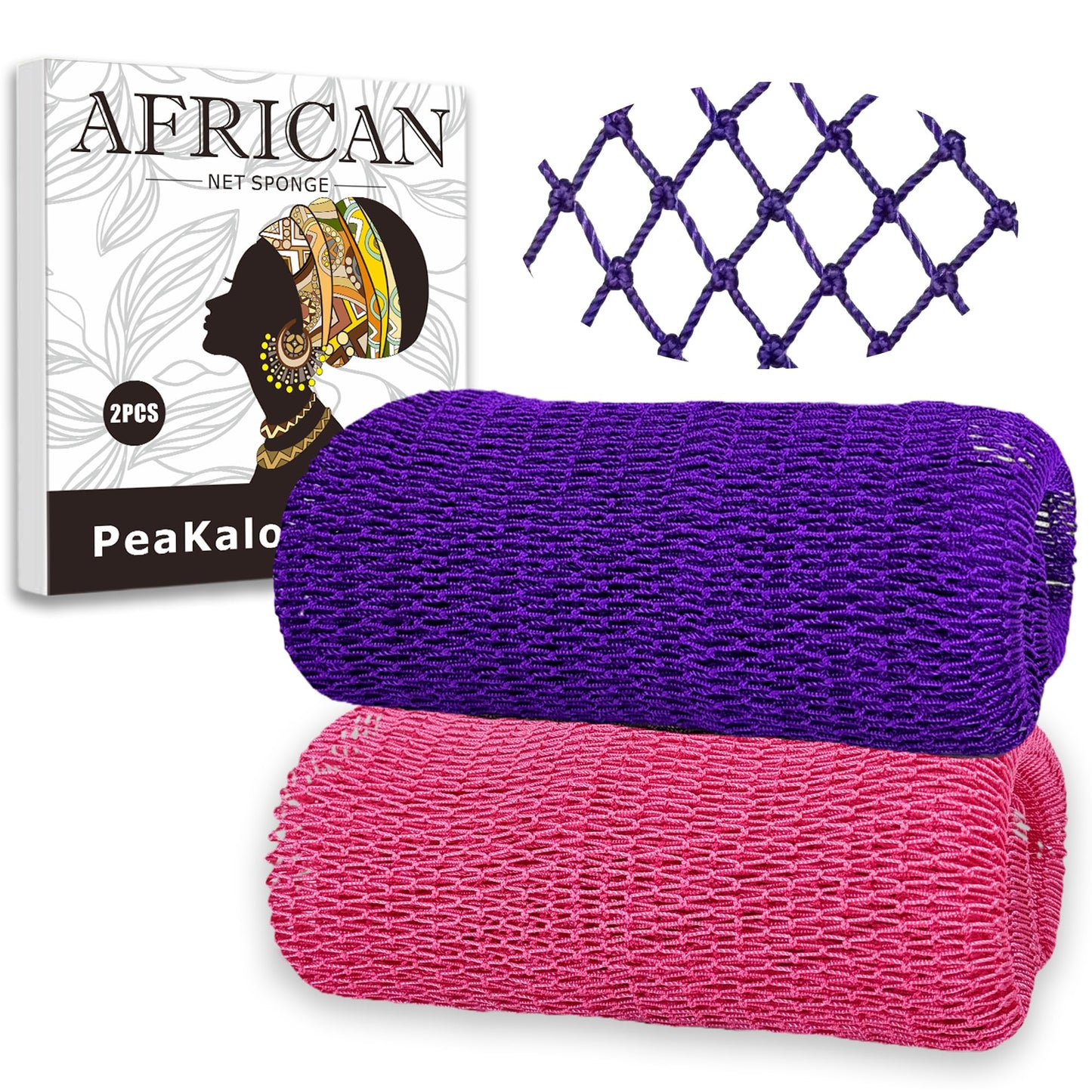 PeaKalo 2Pcs African Net Sponge Authentic, Gentle Cleansing African Exfoliating Net Sponge Shower Loofah Sponge for All Skin Types, Back Scrubber for Shower Body Scrubber (Purple & Rose Pink)