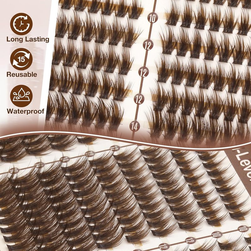 Mavphnee Brown Lash Clusters - Wispy Fluffy Individual Eyelash Extensions | Dark Brown Featherlight Lashes, 270PCS Value Pack (10-12-14-16MM)