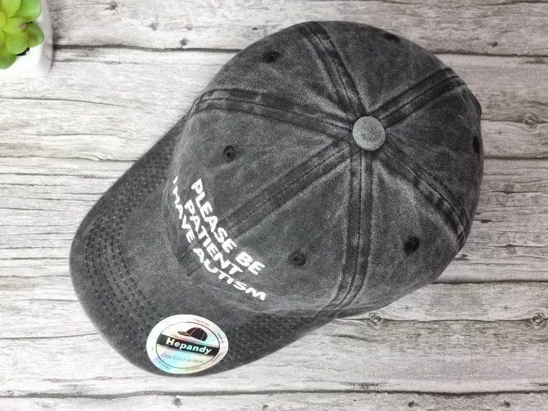 Hepandy Embroidered Please Be Patient I Have Autism Hat for Women Men Kids, Embroidery Baseball Cap, Washed Black Adjustable Snapback Dad Hats