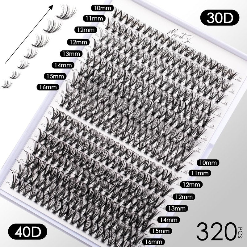 DIY Lash Extensions Kit - 320pcs Individual Lash Clusters 30D & 40D | Applicator, Bond & Seal, Glue Remover, 10-16mm