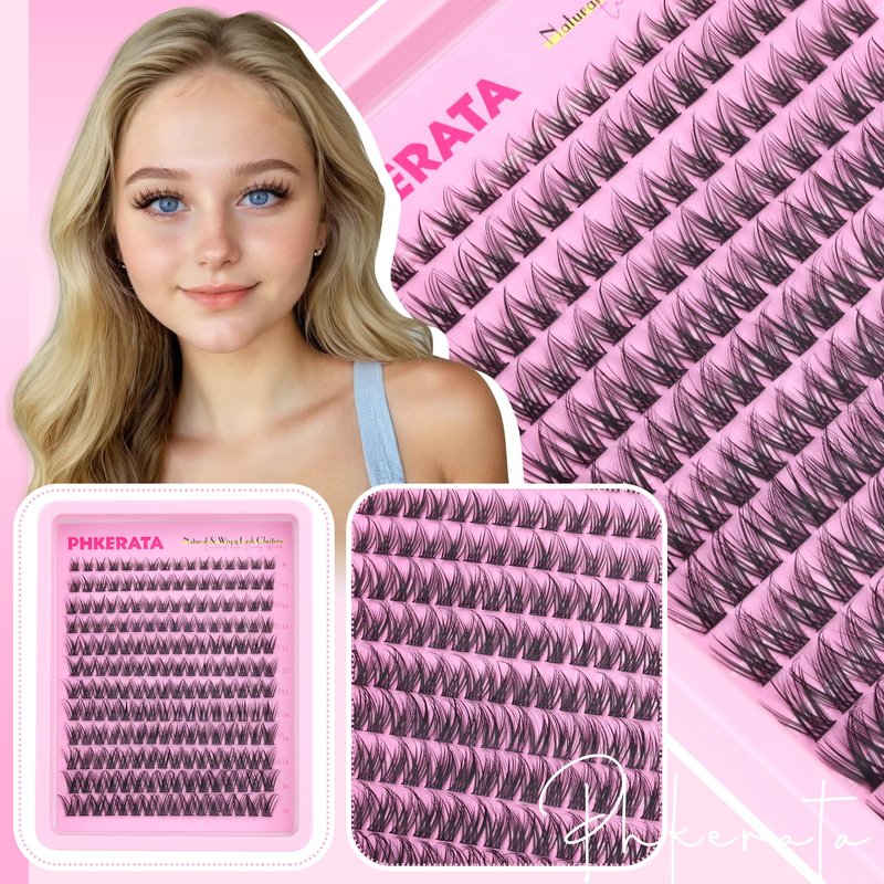 PHKERATA Wispy Lash Clusters Kit Natural Lash Extension Kit 192 pcs Cluster Eyelash Extension Kit DIY Individual Lashes Lashes with Lash Glue Bond and Seal Tweezers Soft Eyelash Clusters, 8-16 mm