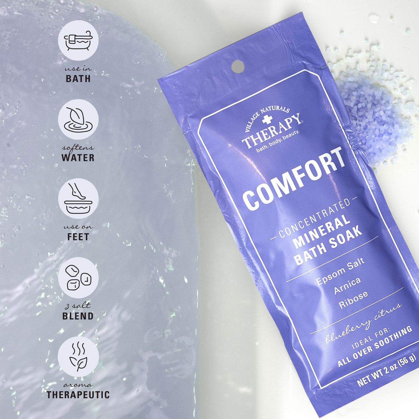 Village Naturals Therapy, Comfort Concentrated Mineral Bath Soak, Blueberry Citrus, 2 Oz, Pack of 12