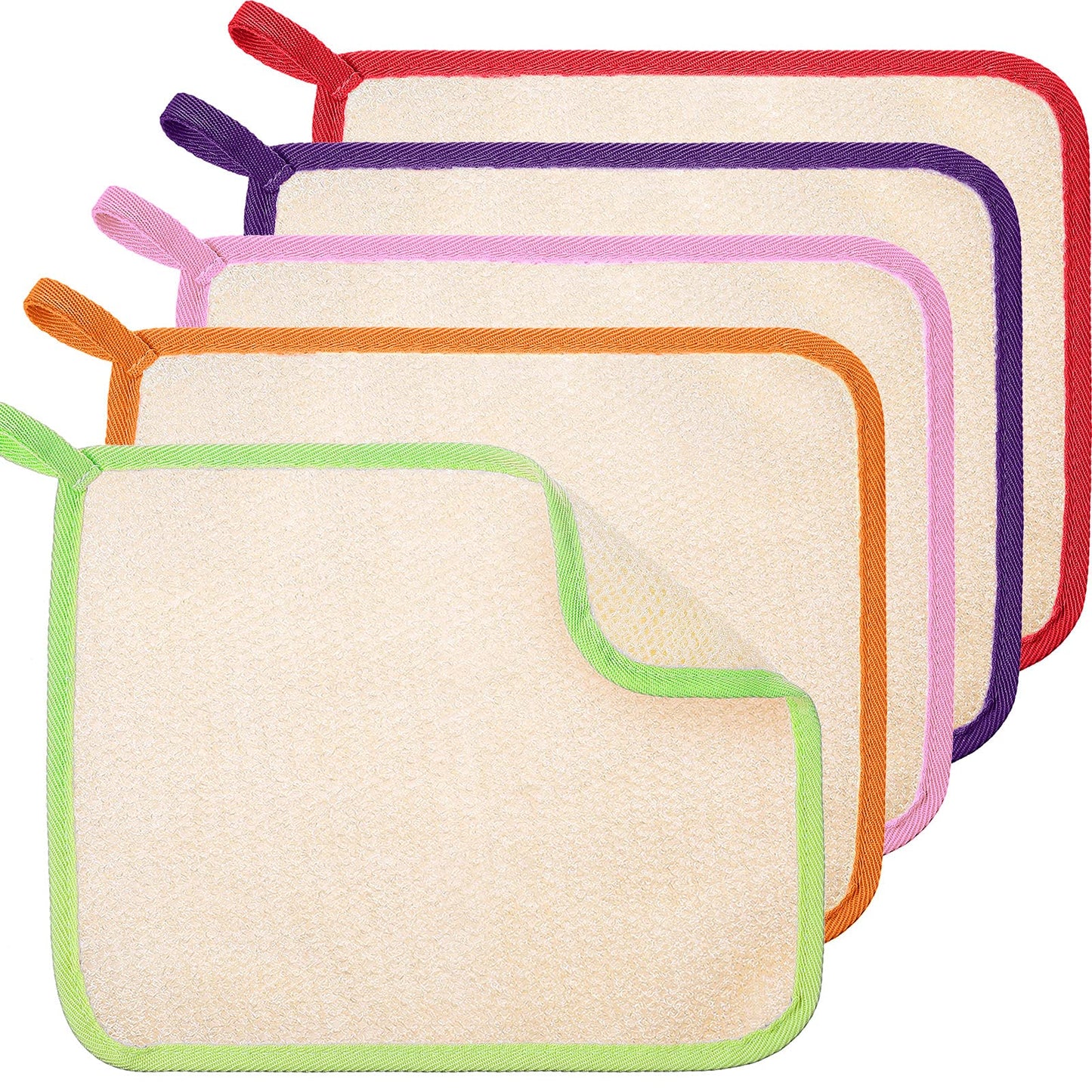 Tatuo 5 Pcs Exfoliating Face and Body Wash Cloths Towel Weave Bath Exfoliating Scrub Massage Bath Cloth for Women and Men, 10.23 x 8.66 Inch(Green, Orange, Pink, Purple, Red Edge)