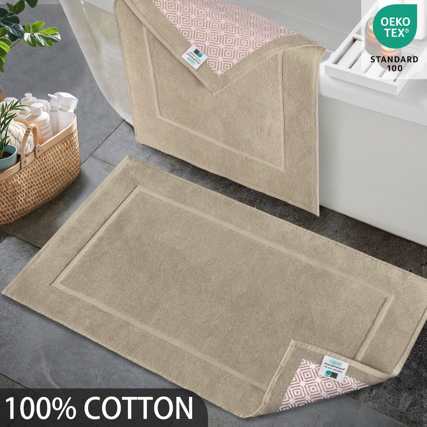 VOOVA & MOVAS Beige Frame 2-Piece Bath Runner Set (20"x36" Extra Long) - 982 GSM Hotel Style Cotton, Ultra Plush, Non-Slip & Machine Washable