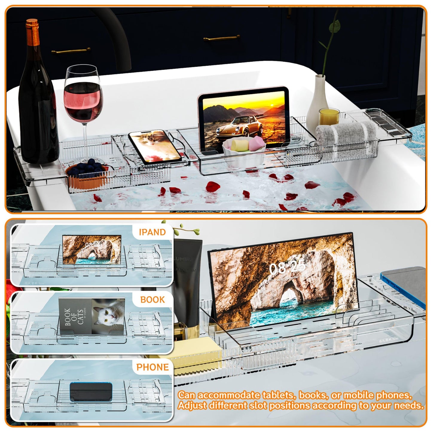 Yieach Luxury Tub Tray for Bathtub Expandable,Clear Bath Shelf Over Tub and Acrylic Bathtub Tray,Plastic Bath Board & Table,Bath Caddy Tray & Accessories for Mothers,Mom and Women Relaxing Spa Gifts