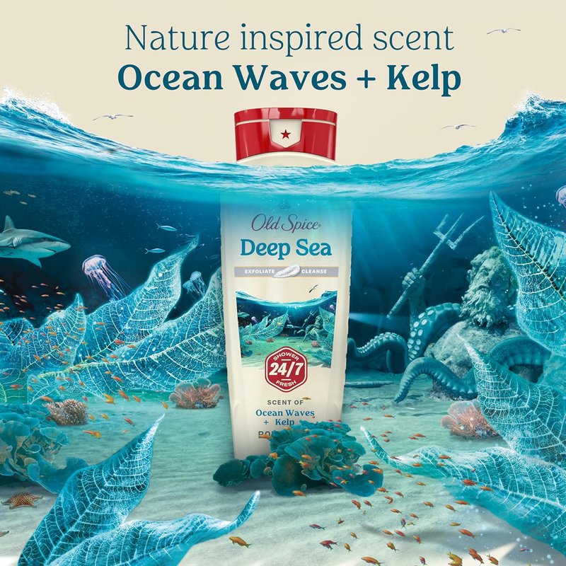 Old Spice Cleansing Body Wash for Men - 24/7 Fresh Scent, Exfoliating & Gentle Formula, Deep Sea & Kelp, 18 oz (Pack of 4)