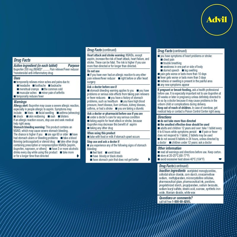 Advil Pain Reliever - Ibuprofen 200mg for Headache, Backache & Joint Pain Relief | 50 Coated Tablets