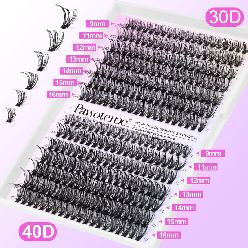 Pawotence Lash Clusters 280pcs Individual Lashes 30D 40D Cluster Eyelash Extensions 9-16mm Eyelash Clusters Lash Extensions for Self Application (30D&40D, 0.07D, 9-16mm)