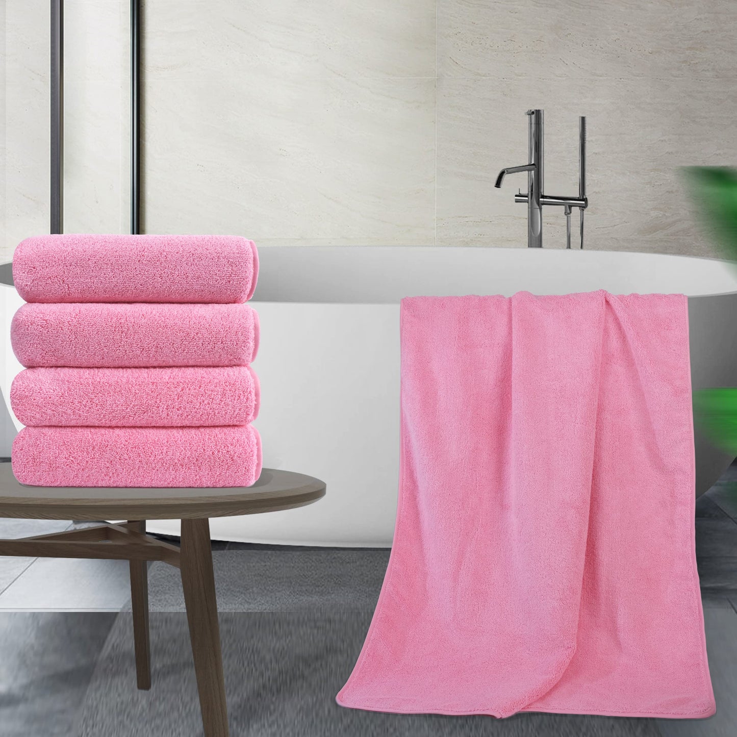 POLYTE Microfiber Quick Dry Lint Free Bath Towel, 57 x 30 in, Pack of 4 (Pink)