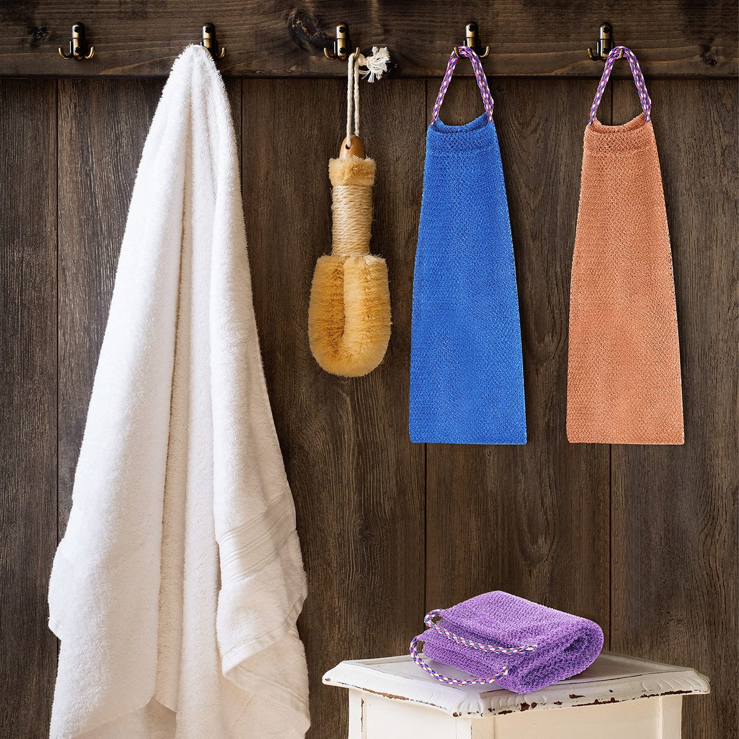 Tegeme 3 Pieces African Exfoliating Net Sponge, Long Exfoliating Bath Back Scrubber with Pull Strap, Nylon Body Shower Loofah for Women Men, Daily Hand Washcloth (Purple, Blue, Coffee)
