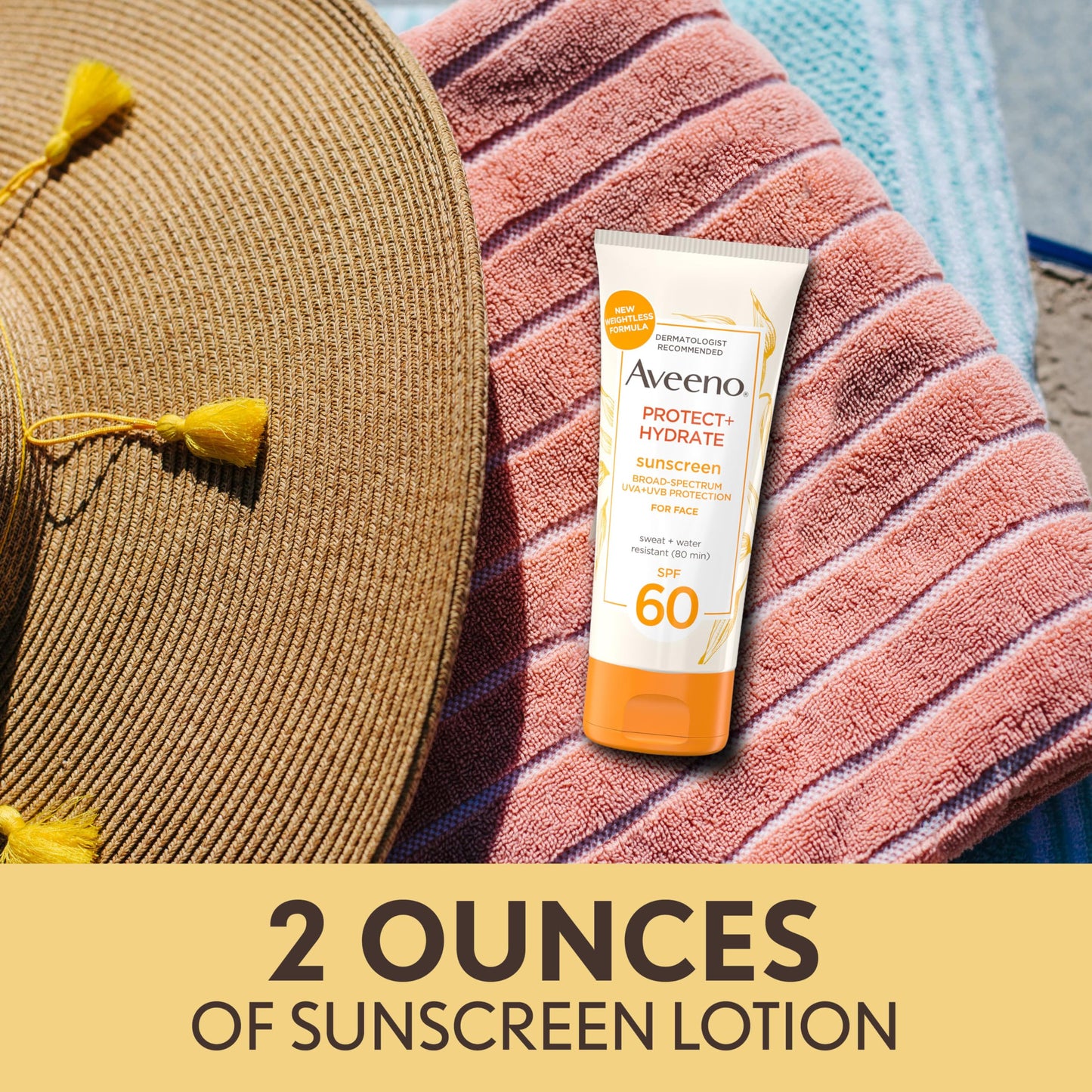 Aveeno Protect + Hydrate Face Sunscreen, SPF 60 Broad Spectrum, for Sensitive Skin, Travel Size, Water Resistant (80 minutes), Paraben, Oxybenzone & Oil Free, 2 fl oz