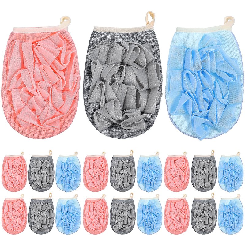 Oqqlin 18 Pcs Travel Bath Loofah, Terry Cloth Exfoliating Shower Loofah Portable Body Sponge Brushes with Elastic Strap for Women and Men (Gray, Blue, Pink)