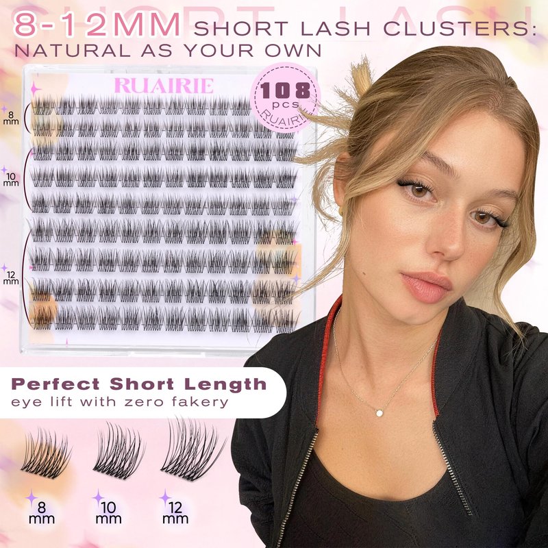 Natural Lash Clusters Wispy Eyelash Clusters 8-12mm Short Lashes Clusters Daily Wear Cluster Eyelash Extensions 108pcs C-Curly Cluster Lashes Invisible Band Individual Lashes DIY Lash Extensions