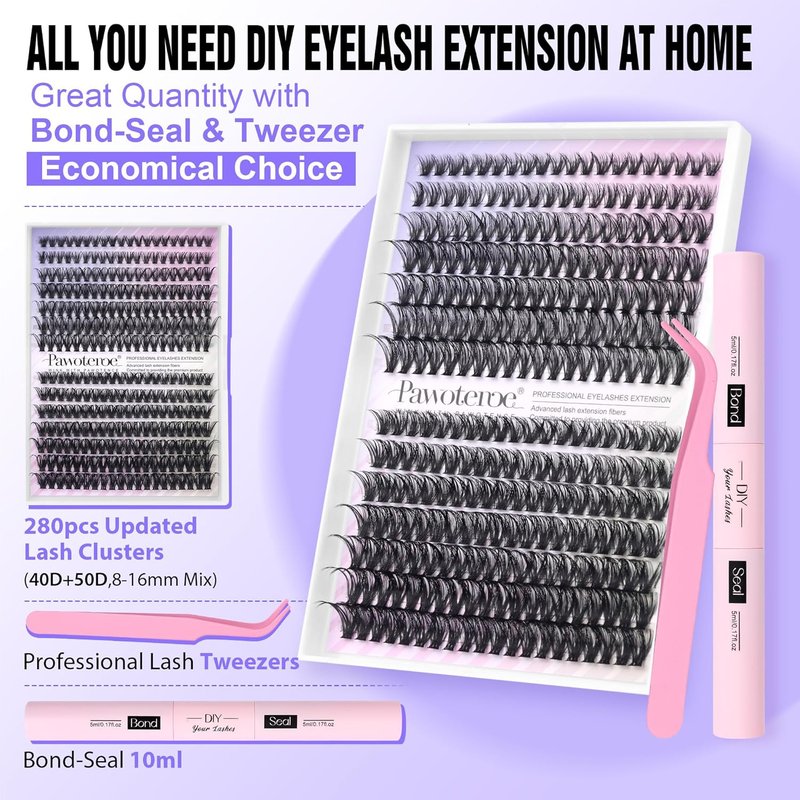 Pawotence Lash Extension Kit - Individual Lash Clusters (40D & 50D) | 8-16mm with Bond, Seal & Tweezers