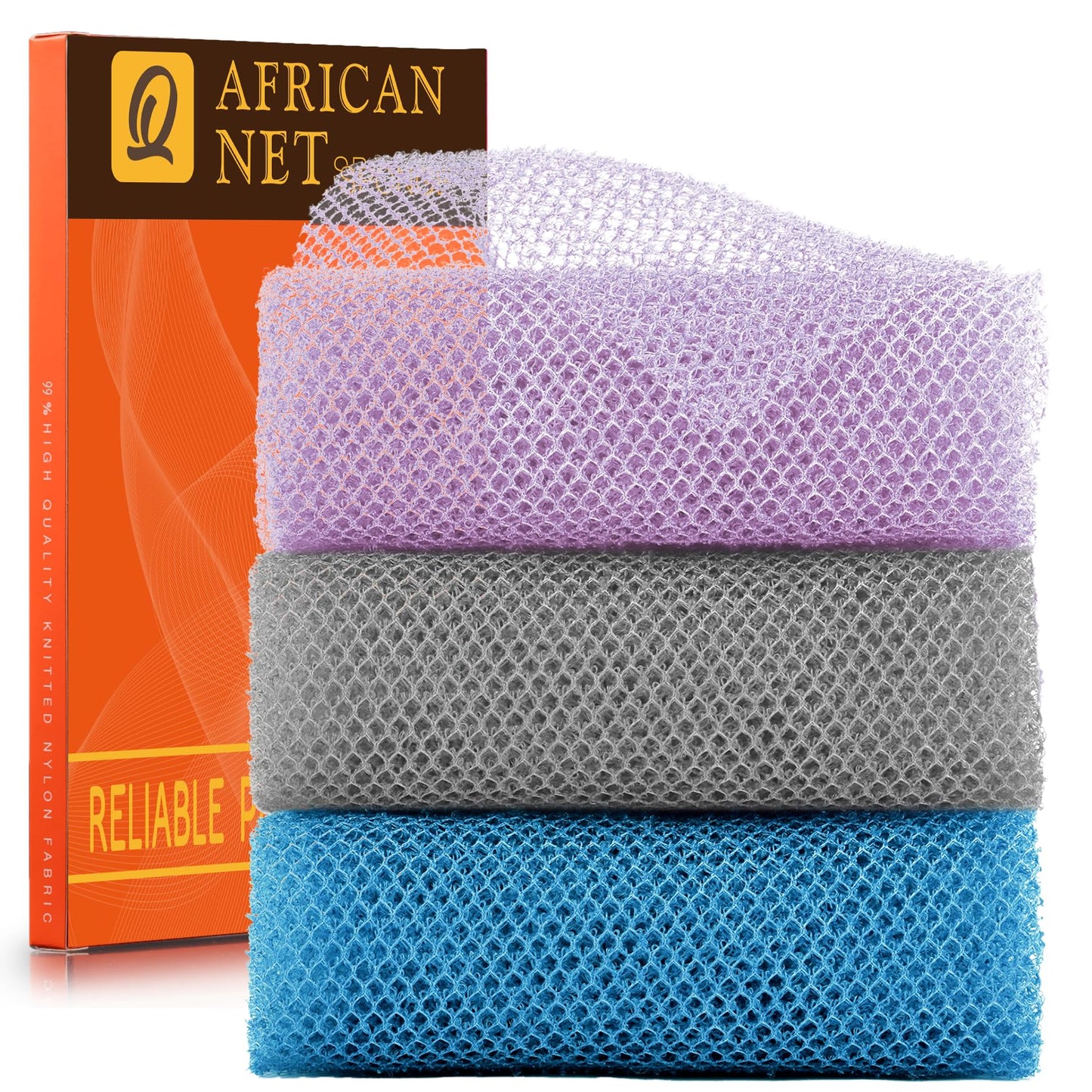 UJFQBH 3 Pieces African exfoliating net African Net Long Net Bath Sponge Exfoliating Shower Body Scrubber Back Scrubber Skin Smoother,Great for Daily Use (Purple Gray Blue)