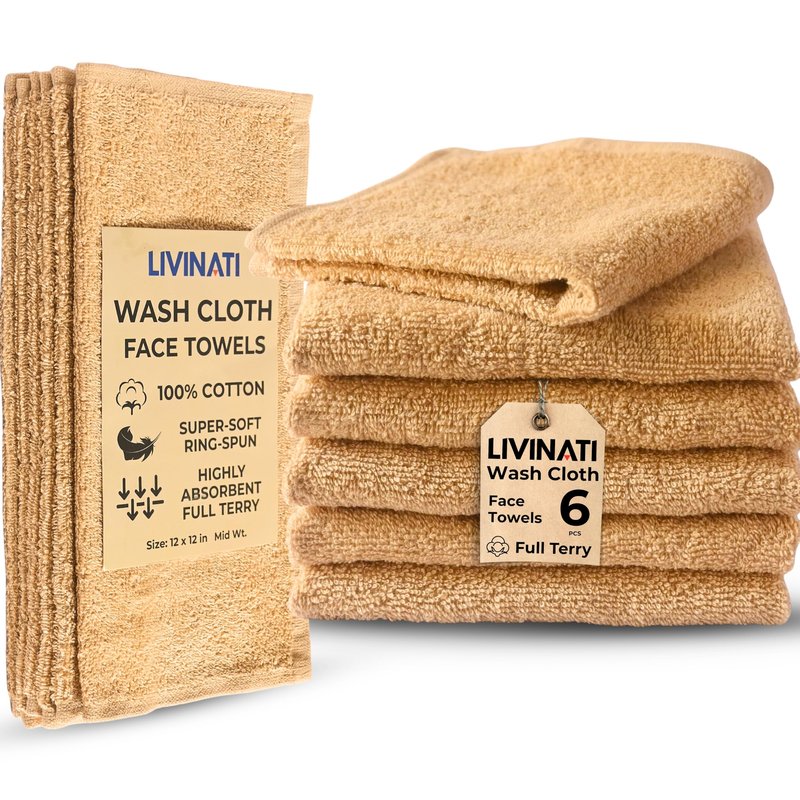 LIVINATI Beige 100% Cotton Wash Cloths for Showering Body and Face - 12"X12" 6 Pack Washcloths - Small Terry Towel Bath Rags for Adults and Kids Bathroom - Soft Absorbent