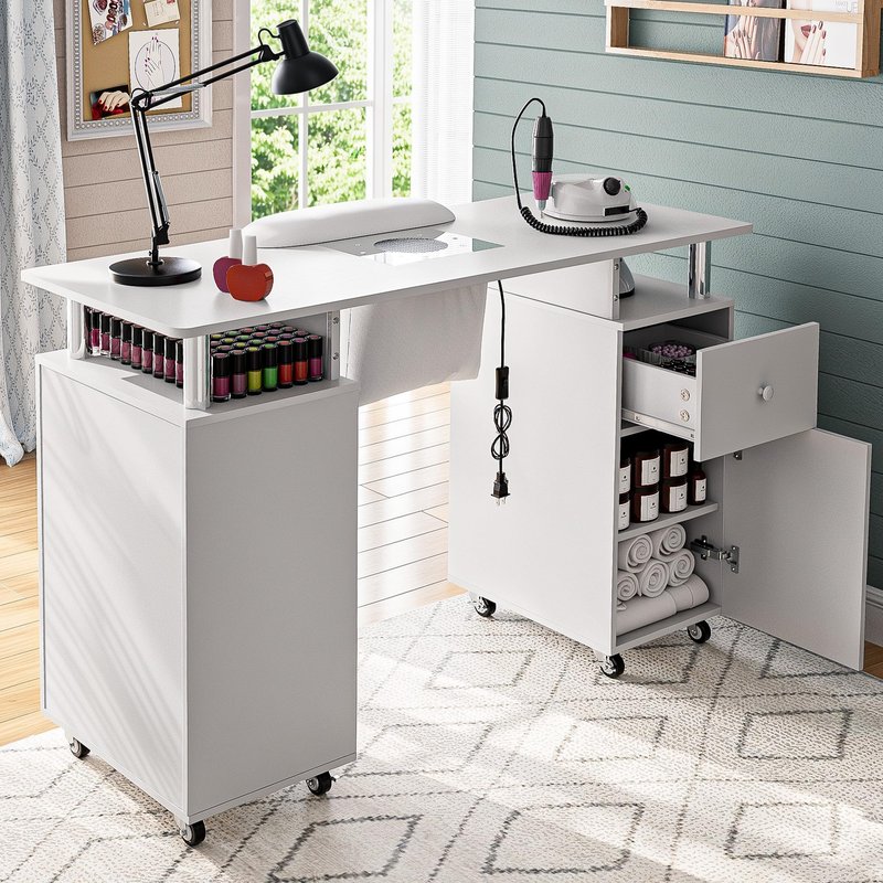 HolaiNail Manicure Table Nail Desk for Nail Tech, Acetone Resistant Beauty Salon Station with Dust Collector, Wrist Pad, Lockable Wheels, Drawer & Cabinet, White