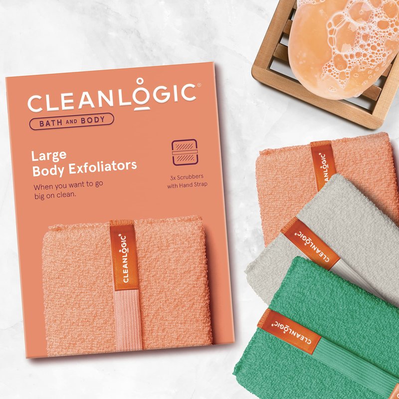 Cleanlogic Bath and Body Large Exfoliating Body Scrubber (4.5 x 6.1 in)– Deep Cleansing Shower Exfoliator for Smooth and Softer Skin, Fast-Drying Dead Skin Remover for Full Body – 3 Count Value Pack