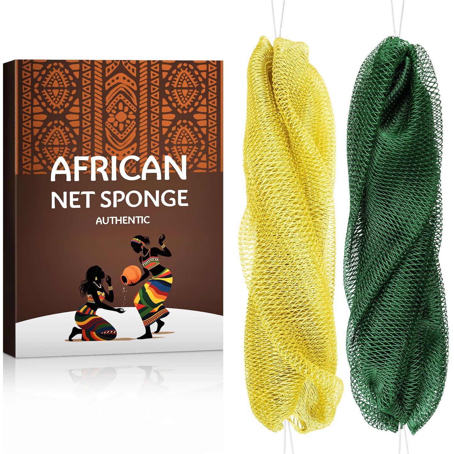African Exfoliating Net Sponge Authentic - Real African Bath Sponge with Knots and Ropes - Back Scrubber Exfoliator Washer Cloth with Travel Bag - Body Shower Skin Care Essentials for Daily Use