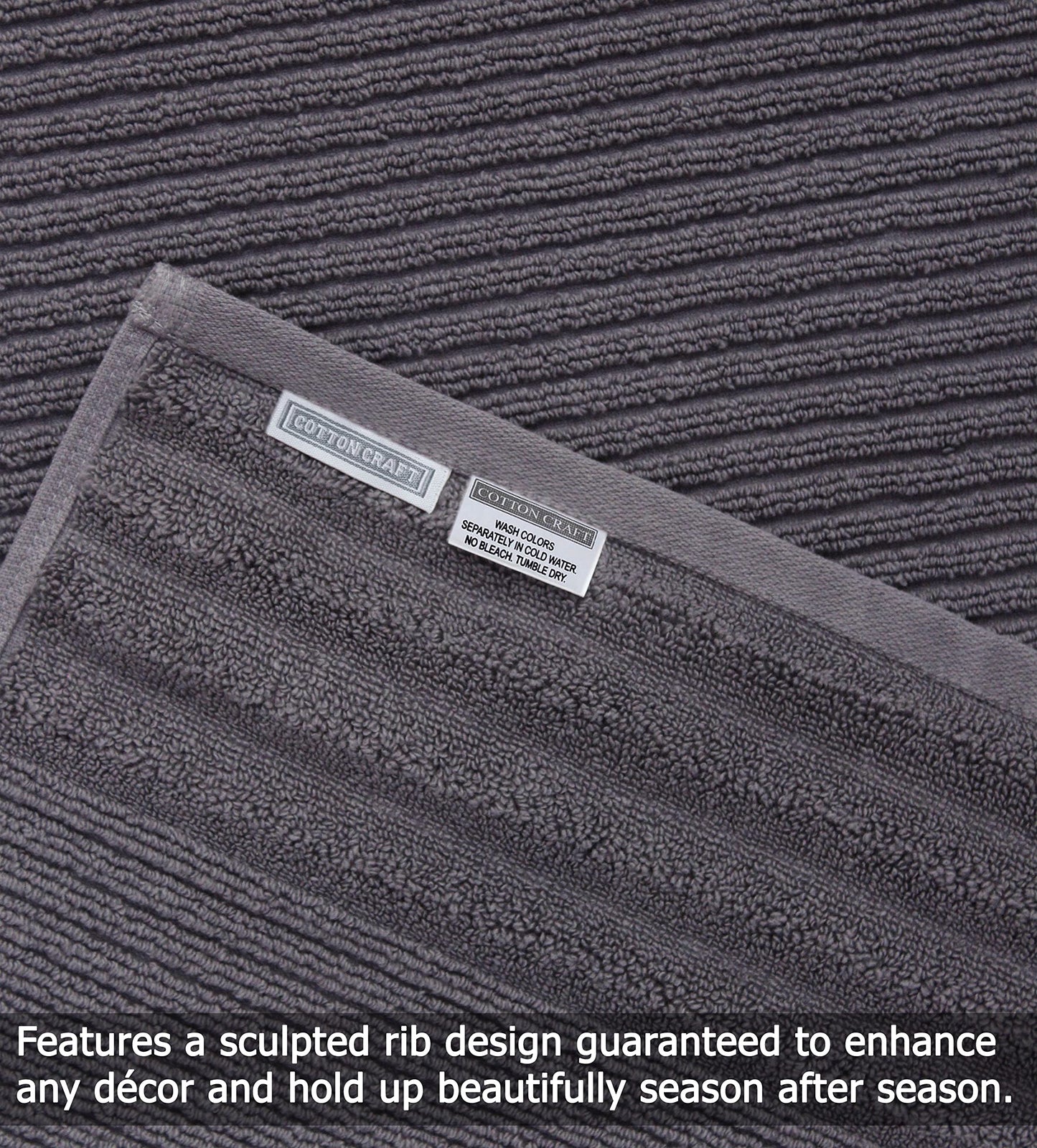 COTTON CRAFT 6 Piece Towel Set - 100% Cotton Plush 600 GSM Sculpted Super Zero Twist Pleated Ribbed Bathroom Towel Set - Soft Absorbent Luxury - 2 Bath Towel, 2 Hand Towel, 2 Washcloth - Charcoal Grey