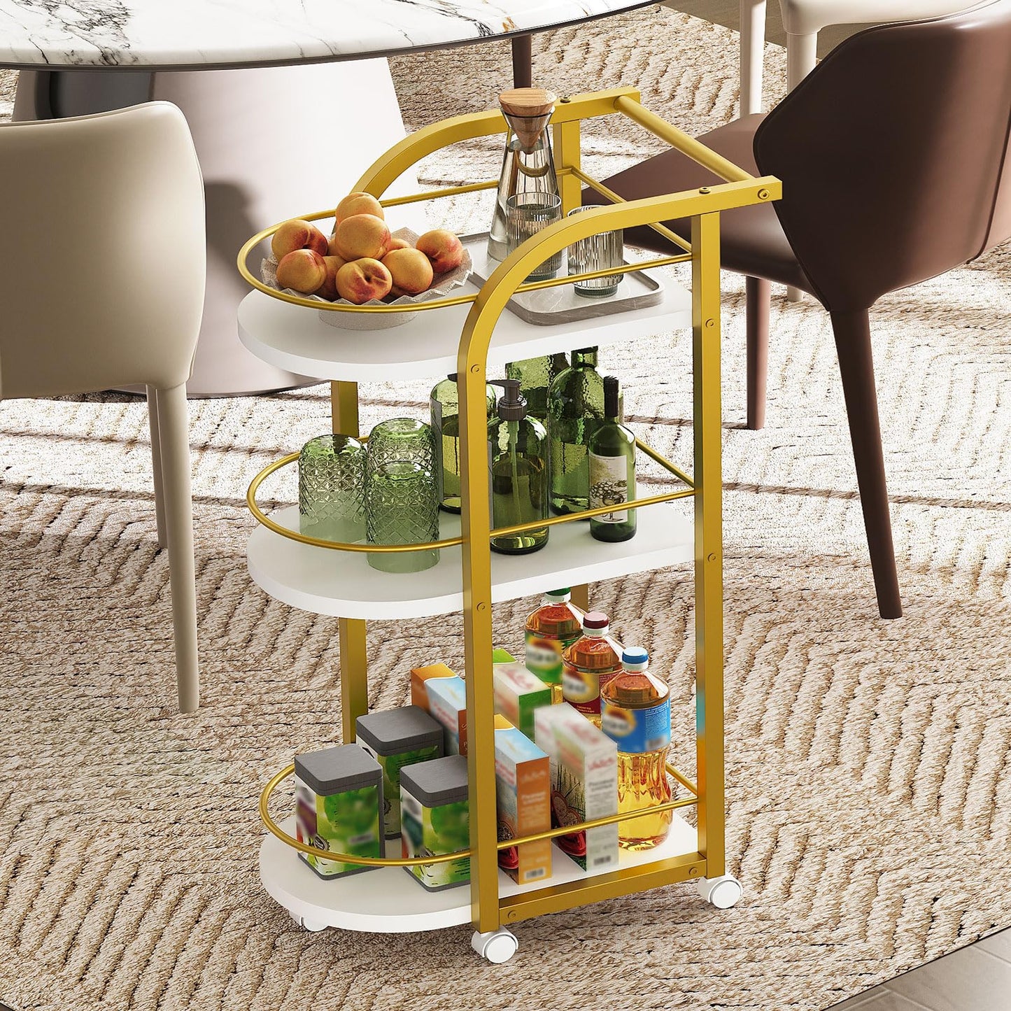 YATINEY 3-Tier Bar Cart, Home Bar Serving Cart with Fence and Wheels, for Dining Room, Living Room, Garden, Party, White and Gold BC06DW