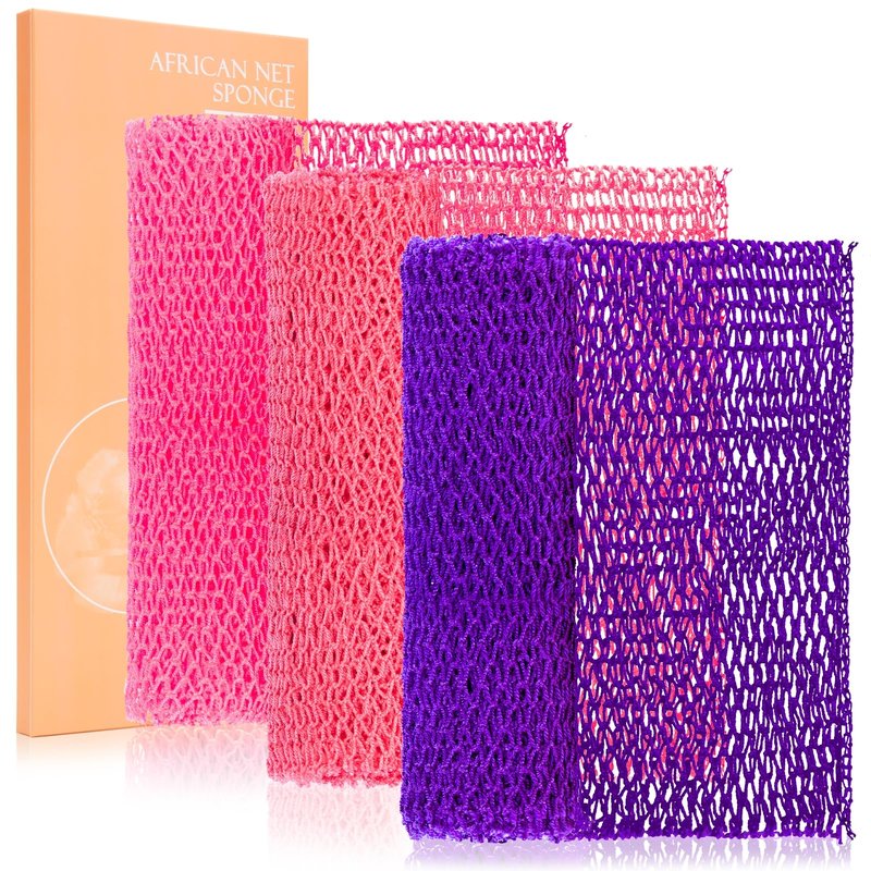 MTDLYICE African Net Sponge 3 Pack, Back Scrubber for Shower, XL 80CM Exfoliating Washcloth, African Net Sponge Authentic, Body Scrubber exfoliator Bath Accessories (Pink,Red,Purple)