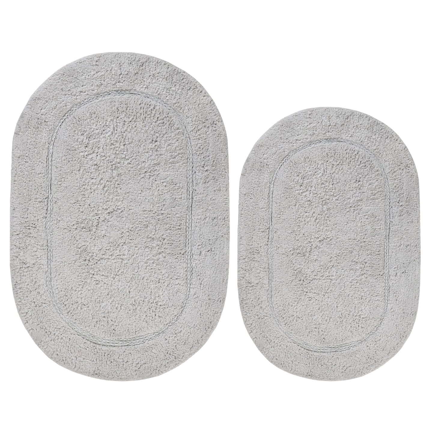 Superior Non-Slip 2 Piece Bath Rug Set, Ultra Plush, Soft and Absorbent 100% Combed Cotton Pile - Traditional Oval Bath Mat Set, Silver