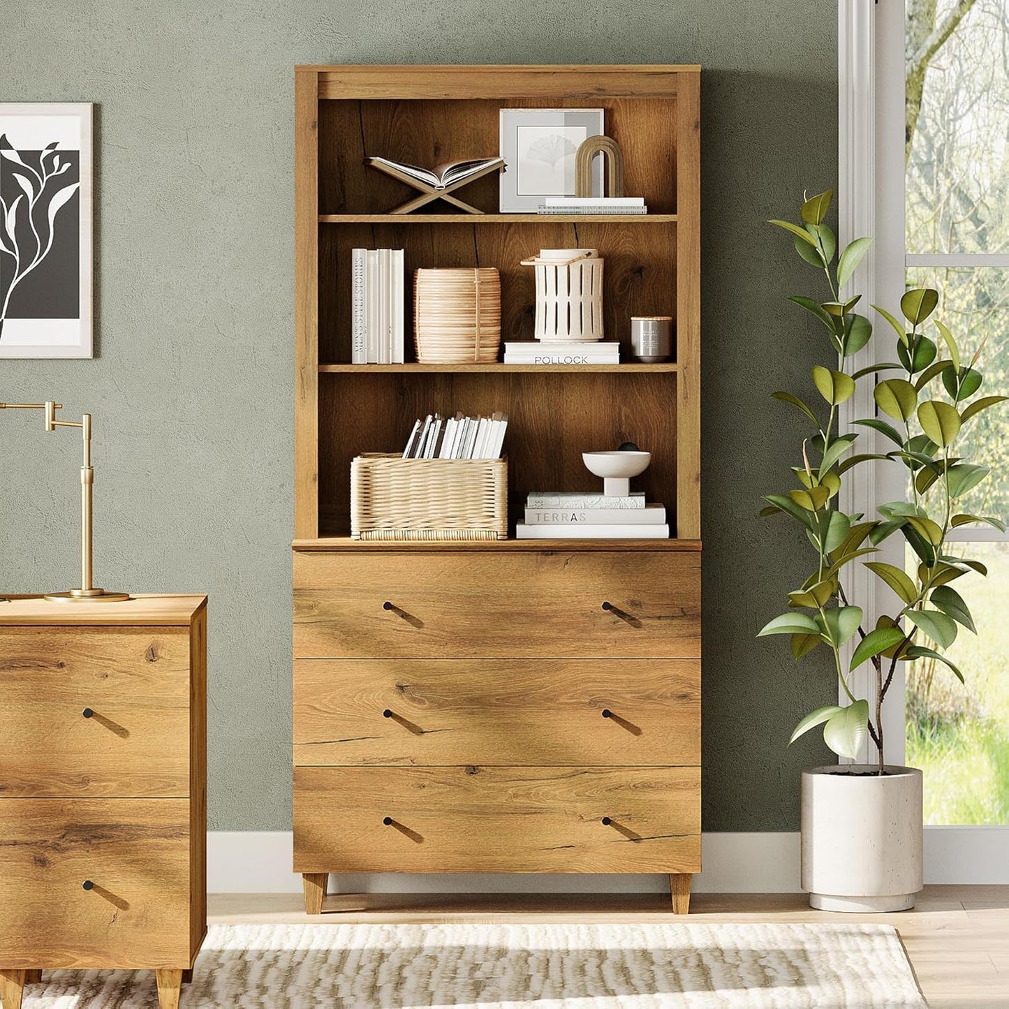 WAMPAT 71" Tall Bookcase - Modern 3-Tier Bookshelf with 3 Drawers & Adjustable Shelves | Oak Brown Finish