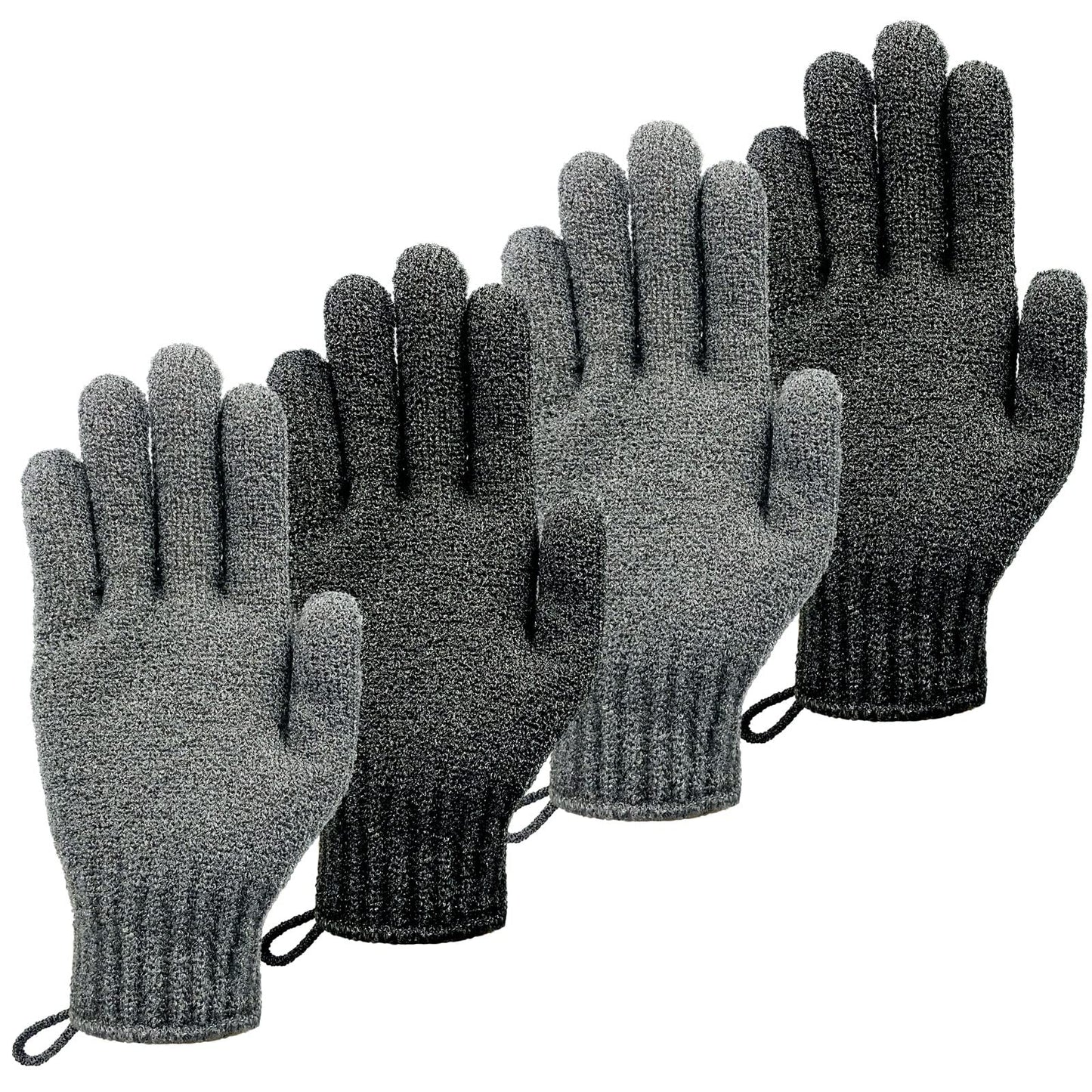 MIG4U Exfoliating Shower Gloves 2 Pairs, Bath Scrub Glove Medium to Heavy Body Dead Skin Removal, Deep Exfoliate Sponge Loofah for Women and Men, Grey+Black