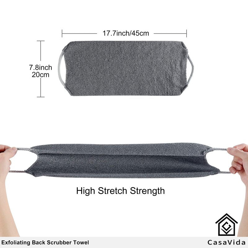 CASAVIDA Back Scrubber for Shower Nylon Bath Towel Washer Exfoliating Washcloth Rear Japanese Stretchable Strap Wash Cloth Body Exfoliation 2 Pack (Gray + Blue)