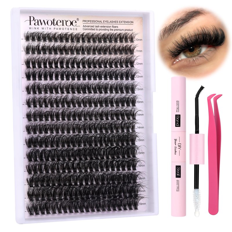 Pawotence Lash Extension Kit DIY Individual Lash Clusters Kit Full 50D with Lash Bond and Seal and Lash Applicator, 9-16mm Clusters Eyelash Extension Kit at Home (Full 50D, 9-16mm, Kit)