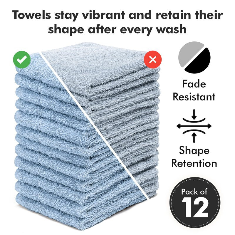 Novo Home Face Towels Pack of 12 – 100% Cotton Wash Cloths (12x12 inch) – Soft, Quick Dry & Highly Absorbent Hand Towels for Bathroom, Spa, Gym, Kitchen and for Daily Use - (Sky Blue)