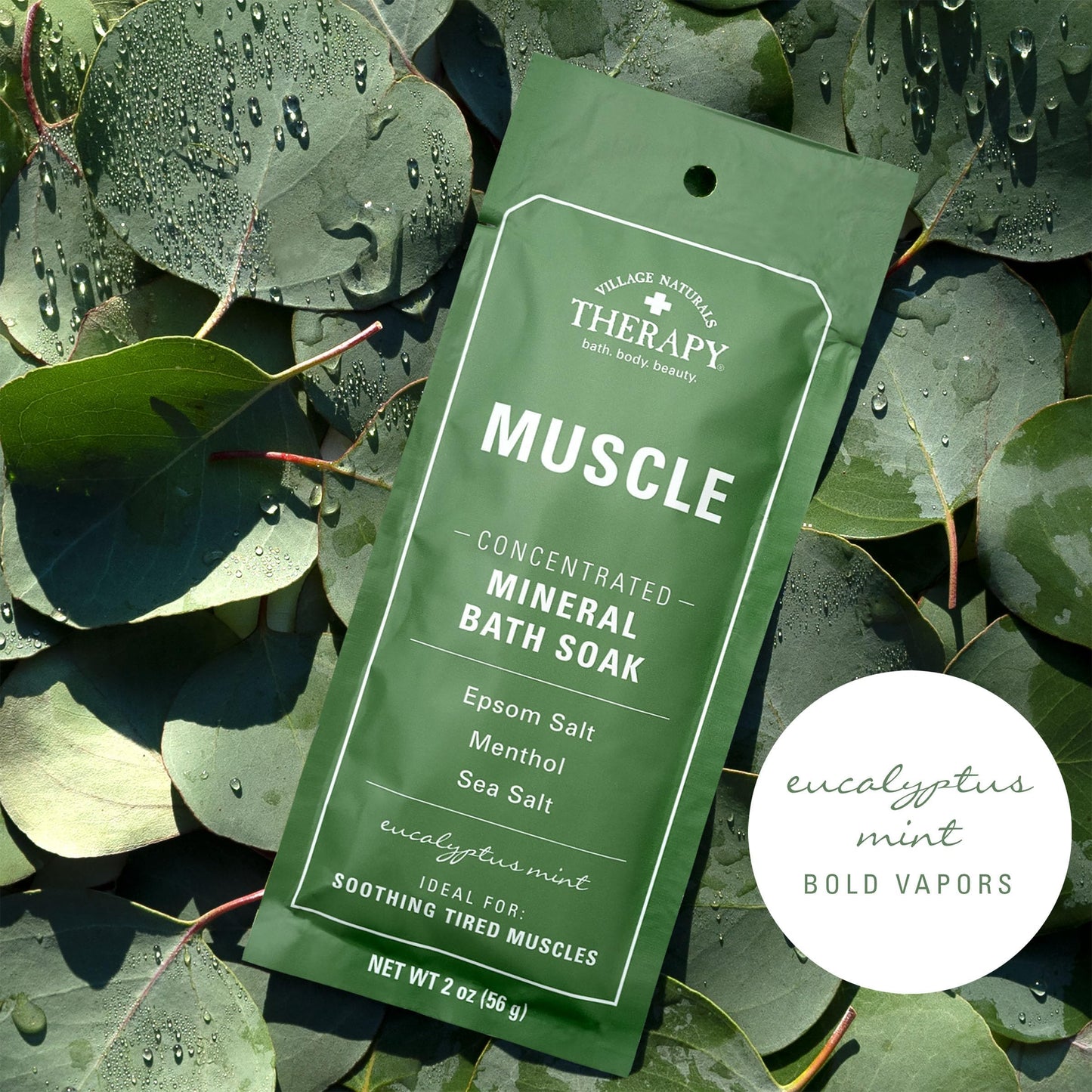 Village Naturals Therapy Muscle Concentrated Mineral Bath Soak, Eucalyptus Mint Scent, 2 oz, Pack of 12