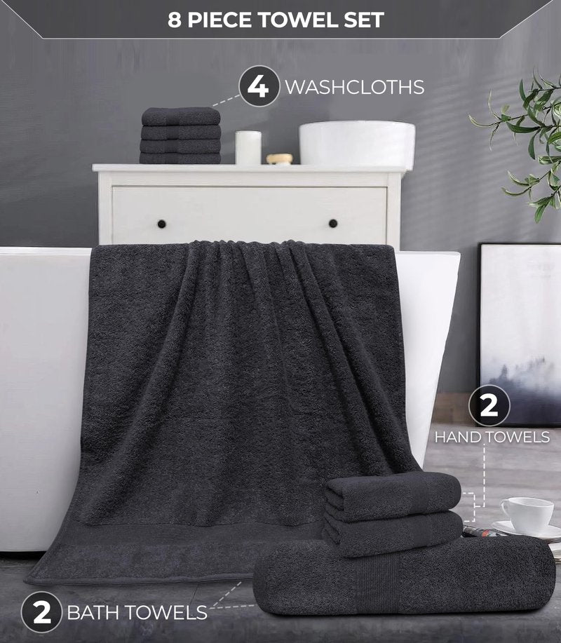 Softolle Luxury 8 Piece Towel Set, 2 Bath Towels 2 Hand Towels 4 Washcloths, Towels for Bathroom, Home, Spa & Gym - Highly Absorbent Ultra Soft Quick-Dry (Grey)