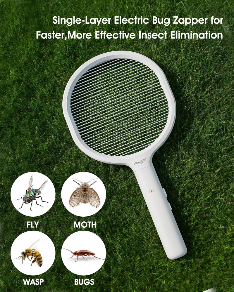Faicuk Single Layer Grid Electric Fly Swatter High Efficiency Bug Zapper Racket for Wasps, Large Bees, Hornets, Yellow Jackets, Moths, Big Flying Insects, for Indoor Outdoor Use (White + Black)