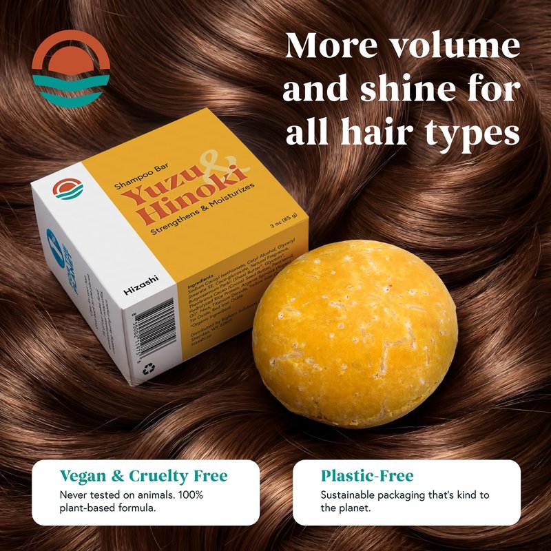 hizashi All Natural Shampoo Bar with Organic Shea, Cocoa Butter & Argan Oil, Strengthens & Moisturizes, Paraben, Sulfate & Silicone Free - Vegan & Cruelty Free, Made in USA - Yuzu & Hinoki