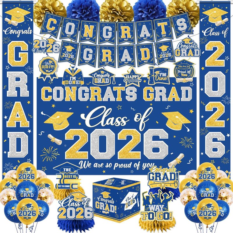 Graduation Decorations Class of 2026 - Blue & Gold Congrats Grad Set | Banner, Backdrop, Balloons & More