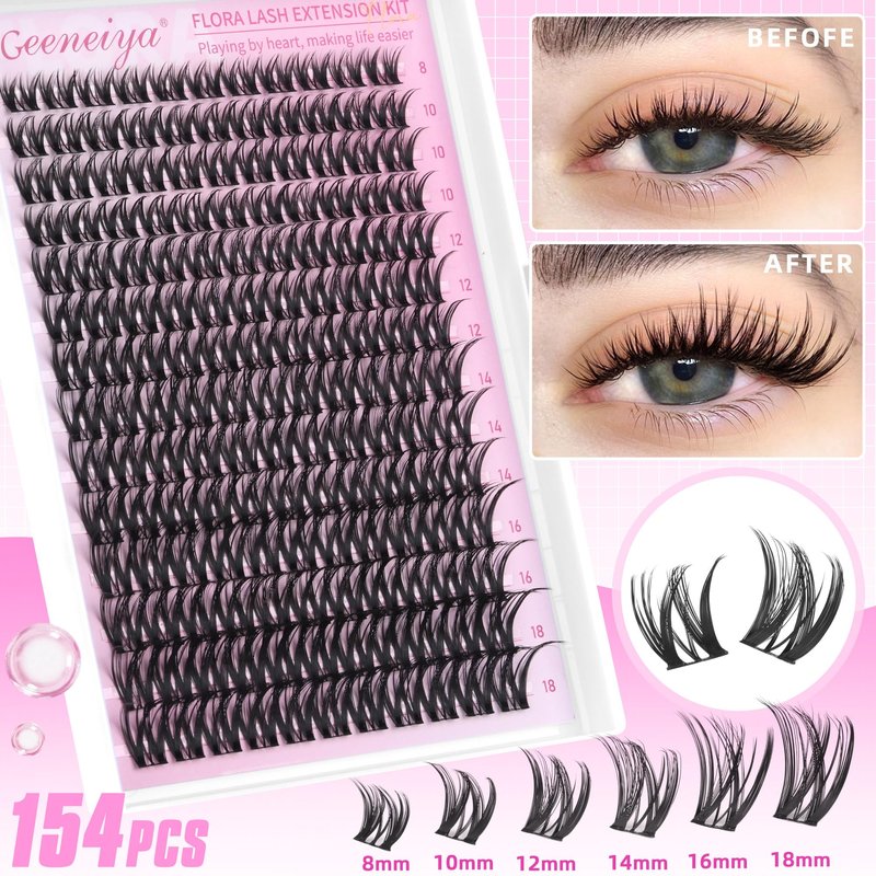 Geeneiya FLORA Lashes Clusters Kit DIY Lash Extension, 8-18MM Wispy Lash Clusters, Ultra-thin Band Eyelash Extension Kit with Waterproof Black Lash Bond and Seal, Lash Remover, Tweezers for Beginners