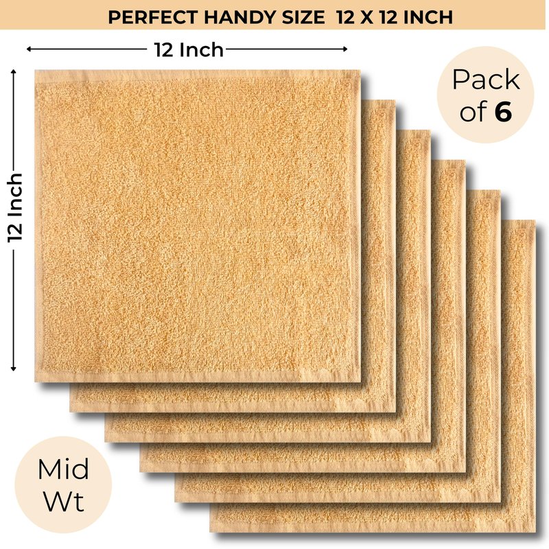 LIVINATI Beige 100% Cotton Wash Cloths for Showering Body and Face - 12"X12" 6 Pack Washcloths - Small Terry Towel Bath Rags for Adults and Kids Bathroom - Soft Absorbent