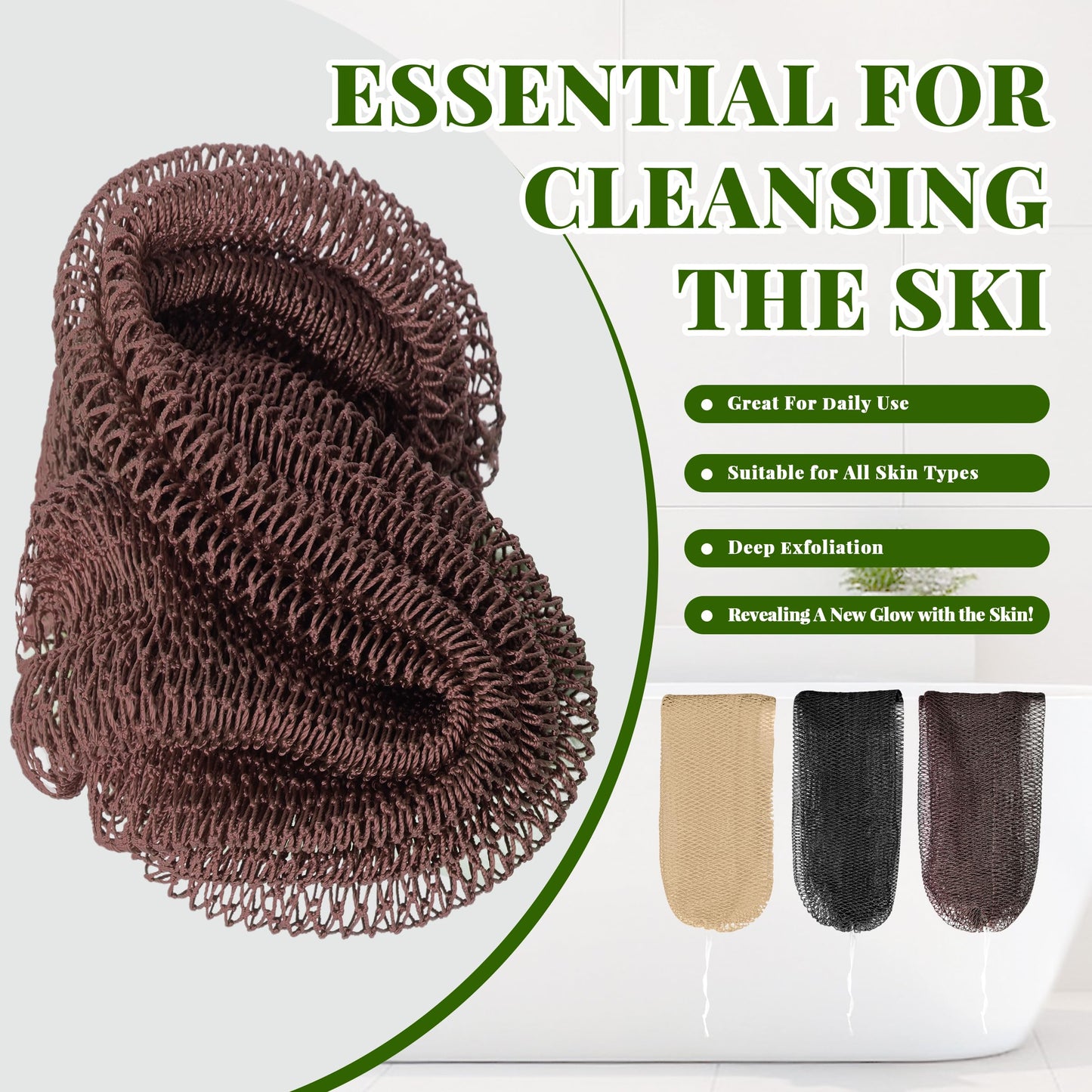 African Net Sponge Authentic, 3 Pieces Exfoliating Scrubber Bath Sponge for All Skin Types, Back Scrubber Loofah Washcloth for Shower, Gentle Exfoliation (Linen,Brown,Black)