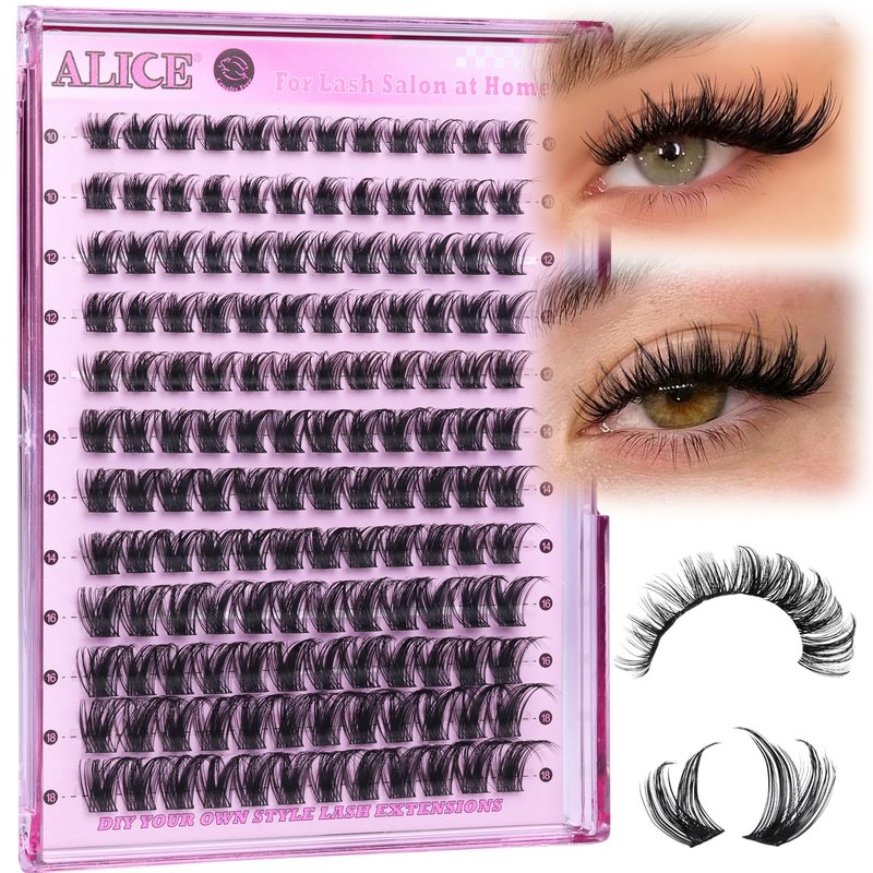 ALICE Lash Clusters Eyelash Clusters Wispy Cluster Eyelash Extensions Russian Volume Individual Lashes Natural Thin Band Lash Extensions DIY at Home (144pcs/10-18mm/D- Curly)