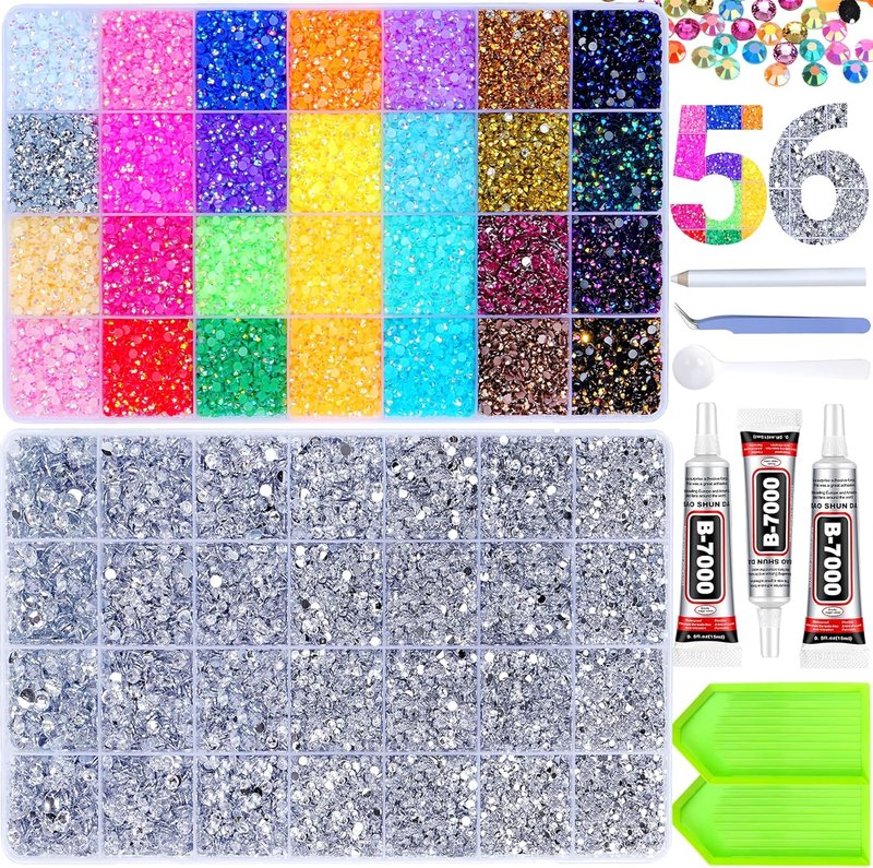 Jelly Rhinestones for Crafting - 61000 Pcs Multicolor & Silver Flatback Gems | 3mm & 2/3/4/5/6mm Sizes with 15ml B7000 Glue
