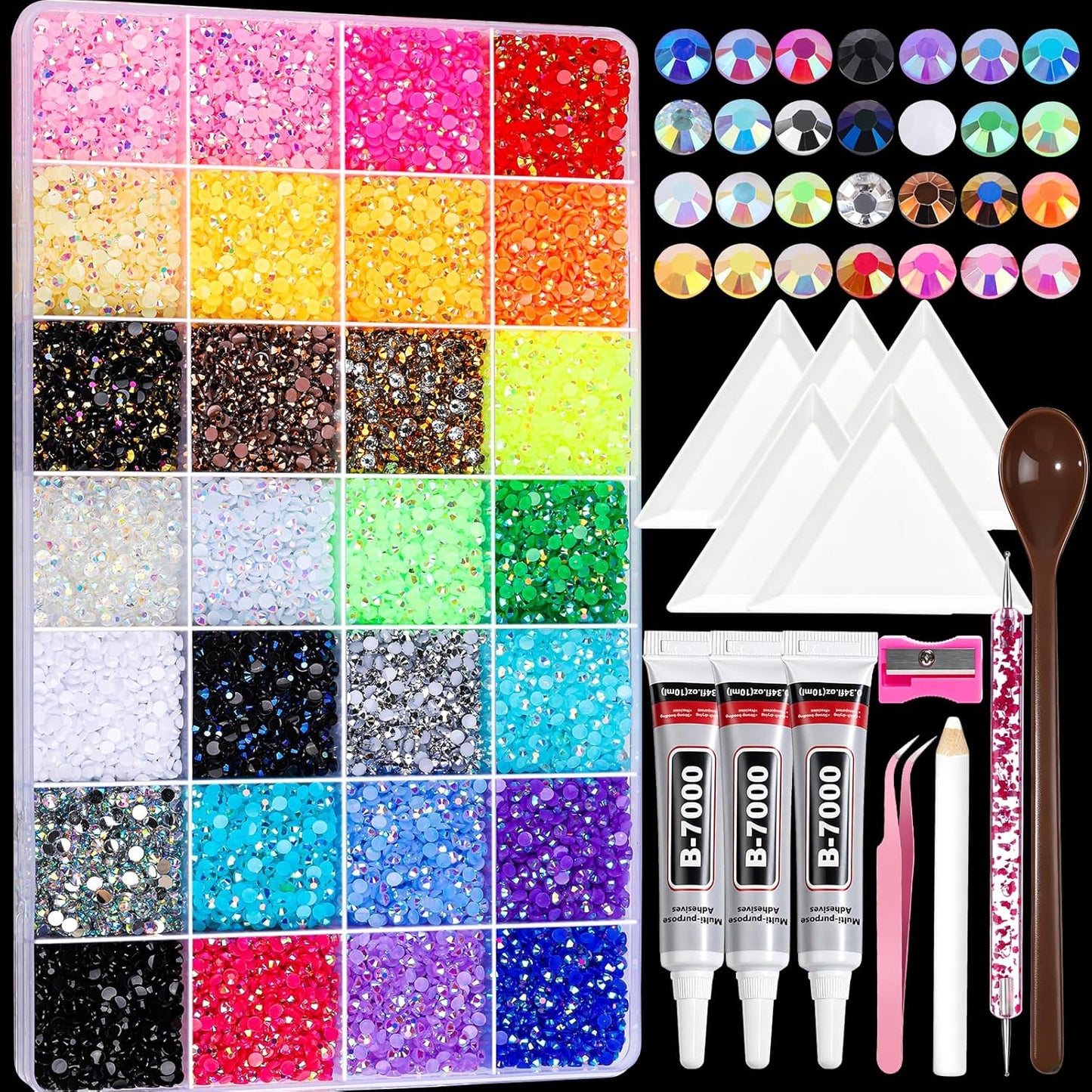 Teenitor Bedazzling Kit - 28 Colors Rhinestones with 30000 Pcs Flatback Gems & 3 Pcs B7000 Glue for Nail Art & Crafts