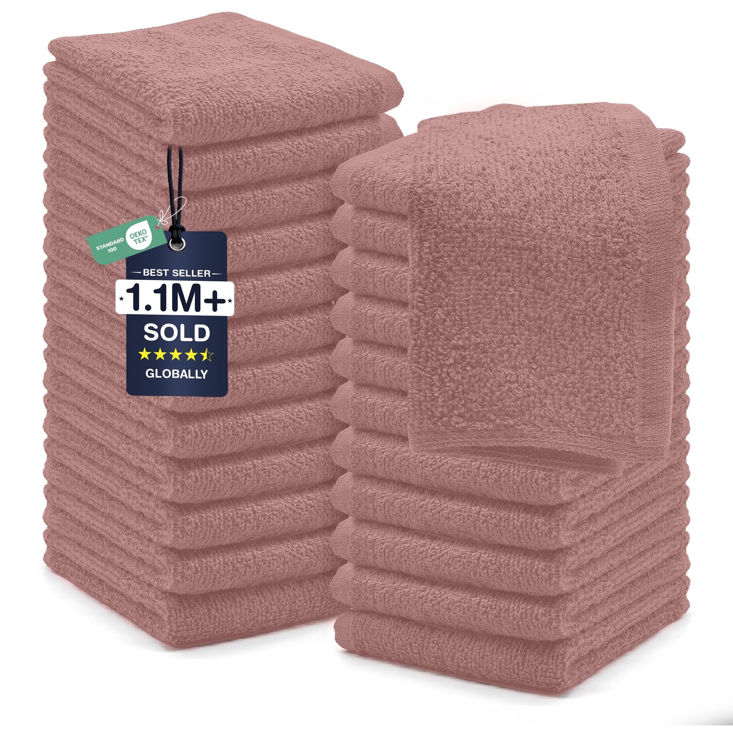 DAN RIVER 24 Pack Wash Cloths for Showering [12x12] - 100% Cotton Washcloths Premium Quality Flannel Face Cloths for Bathroom, Highly Absorbent and Soft Feel Wash Clothes, Dusty Pink